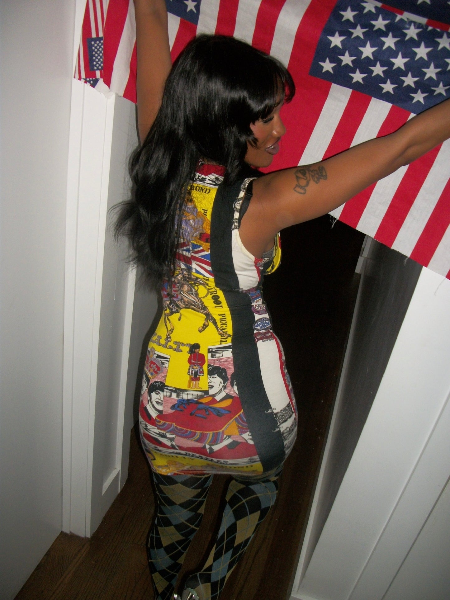 90's Versace Jeans Couture England Print Bodycon Dress
