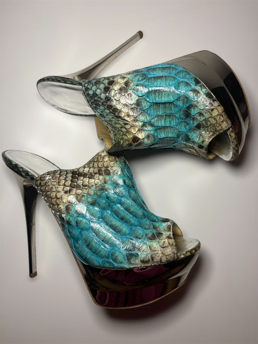 Vintage Snakeskin and Chrome Leather Mules