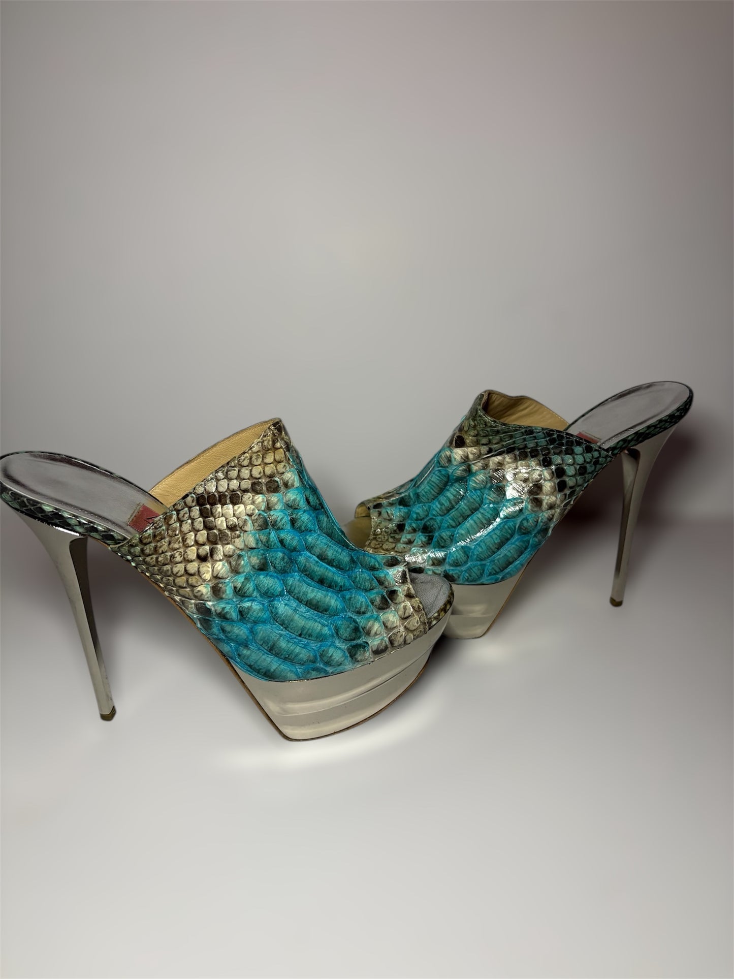 Vintage Snakeskin and Chrome Leather Mules